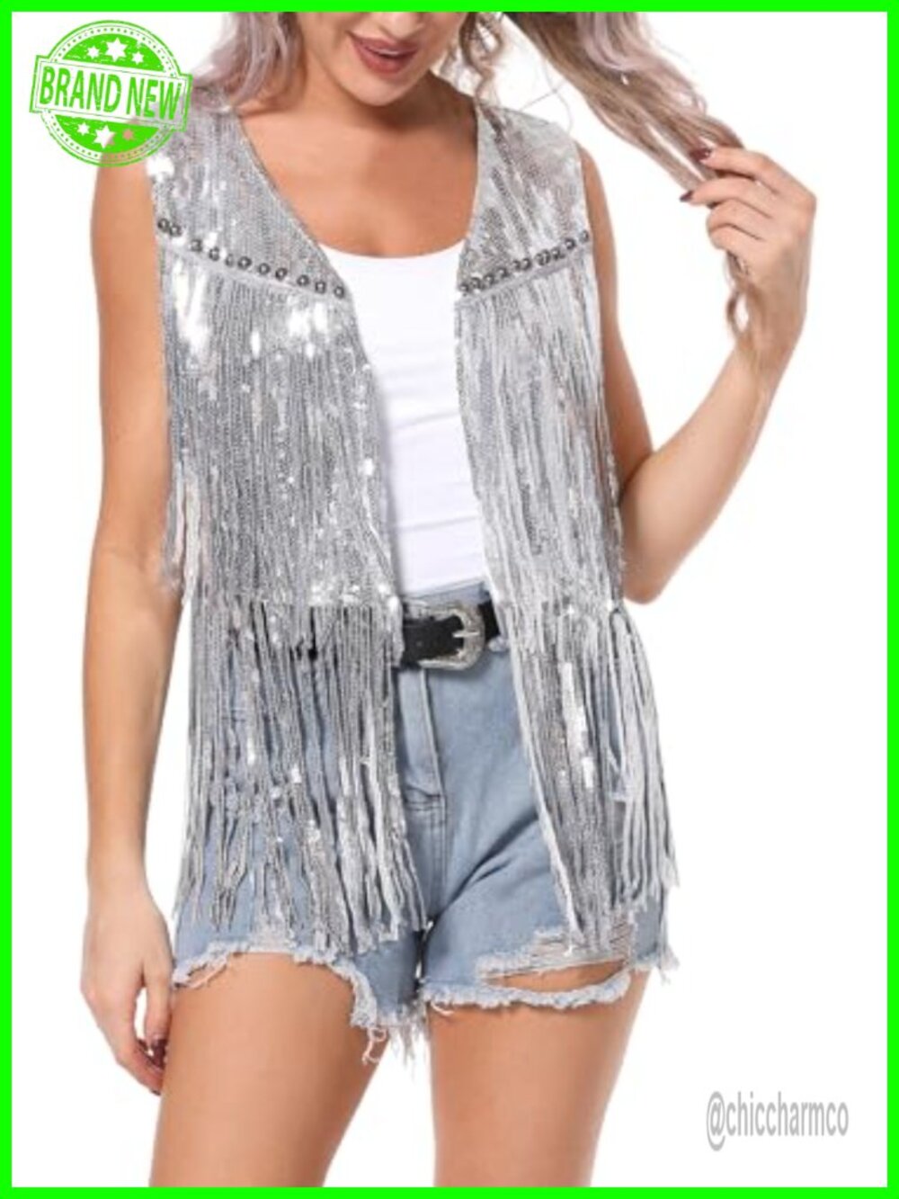 Sequin Fringe Vest Jacket Sleeveless Open Front Party